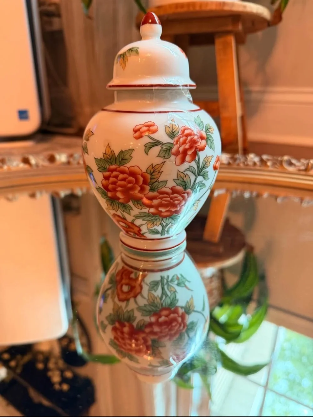 Porcelain Floral Ginger Jar with Red-Orange Peony Pattern